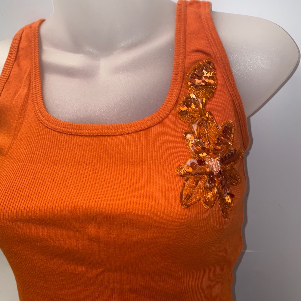 Orange Ribbed Tank Top W/ Flower - Picture 2 of 4